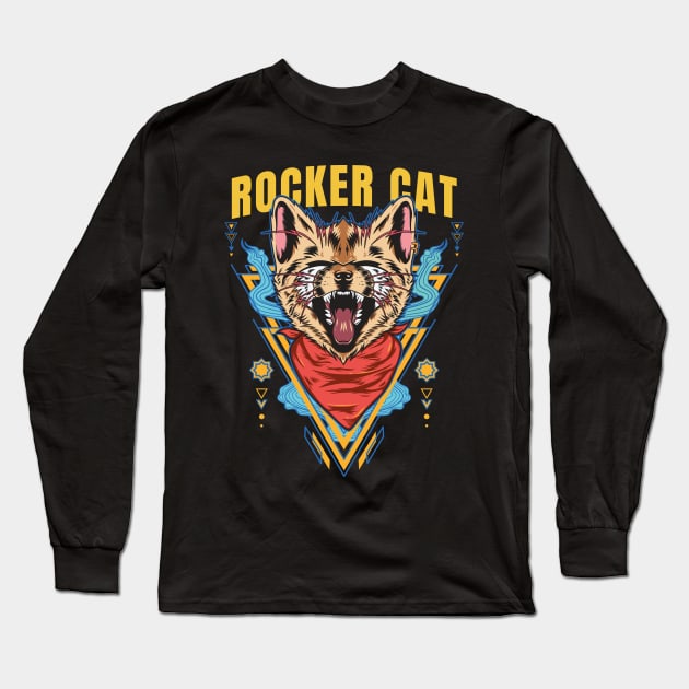 Rocker Cat Screaming Long Sleeve T-Shirt by Mako Design 